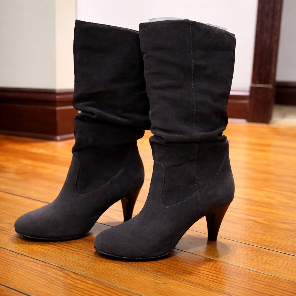 Vintage Suede Slouch Mid-Calf Heeled Boots – Almond Toe – Size 6.5